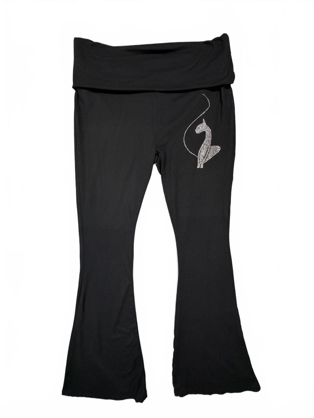 Vintage Y2K Baby Phat Black Foldover Flare Yoga Pants with Rhinestone Cat XL